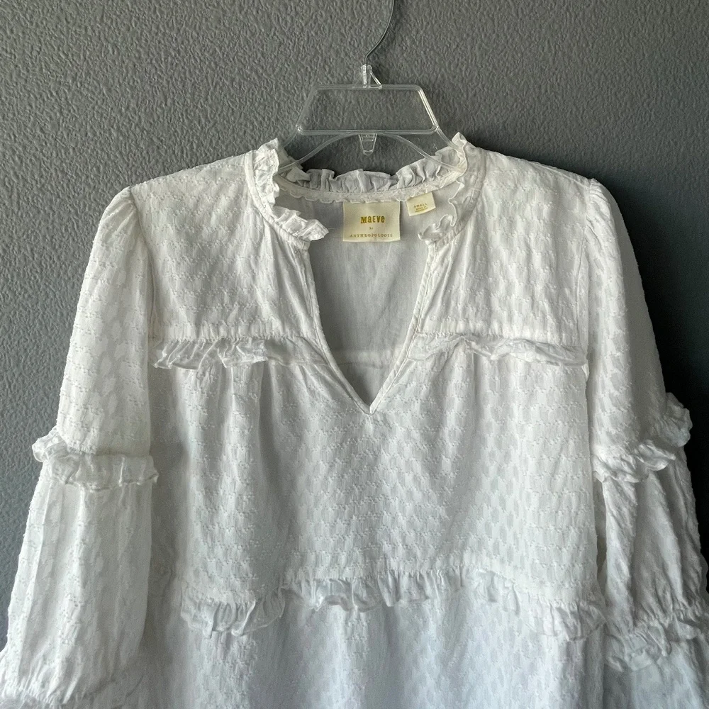 Anthropologie White Ruffled V-Neck Peasant Blouse